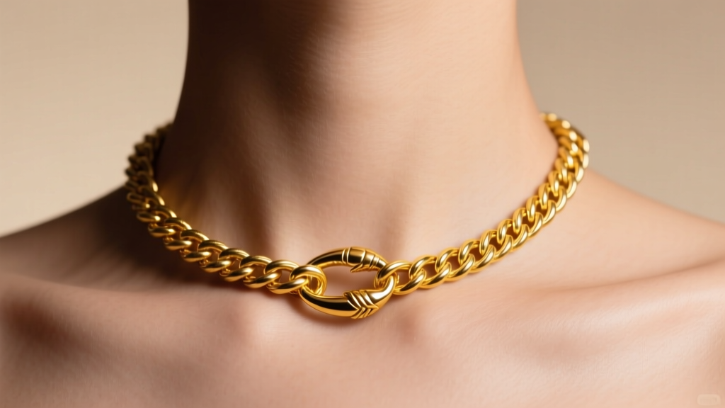Close-up of a neck wearing an 18-inch 14k yellow gold rope chain with a lobster clasp, studio lighting, neutral beige backdrop.