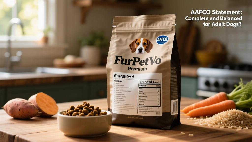 Close-up of a FurPetVo dog food bag showing the AAFCO statement, ingredient list, and guaranteed analysis panel