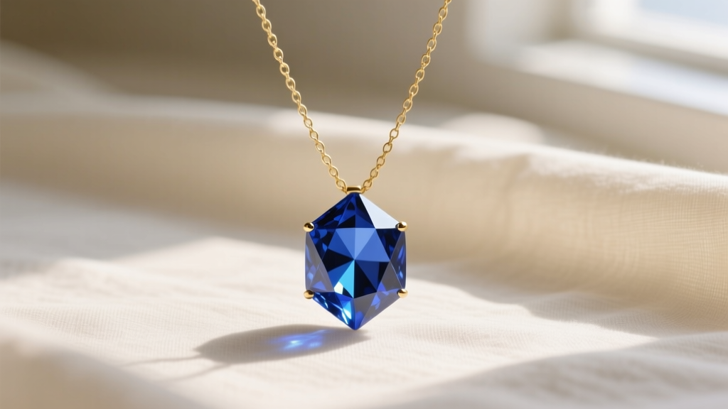 Flat lay of a sapphire blue glass cluster pendant layered with two delicate gold chains on a soft cream linen background fabric.