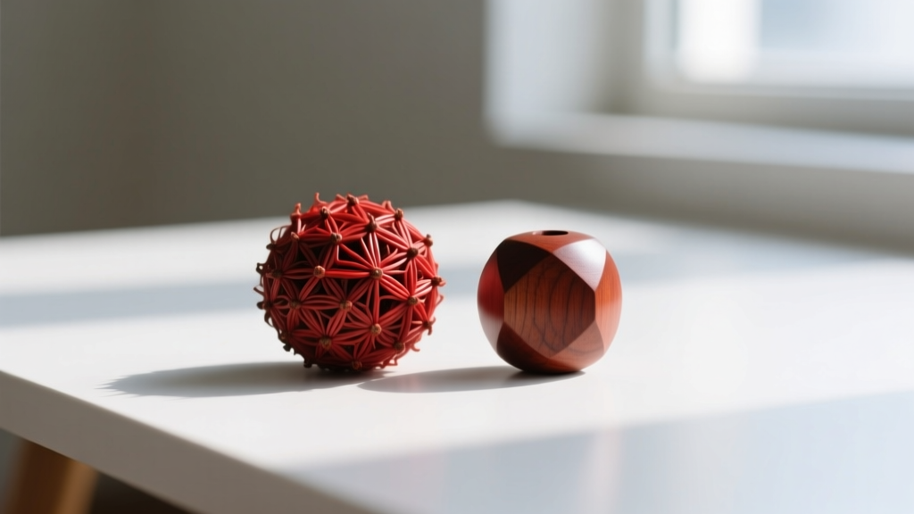 Macro comparison showing a natural fibrous red pandanus bead next to a smooth, artificially painted wooden replica bead on a table