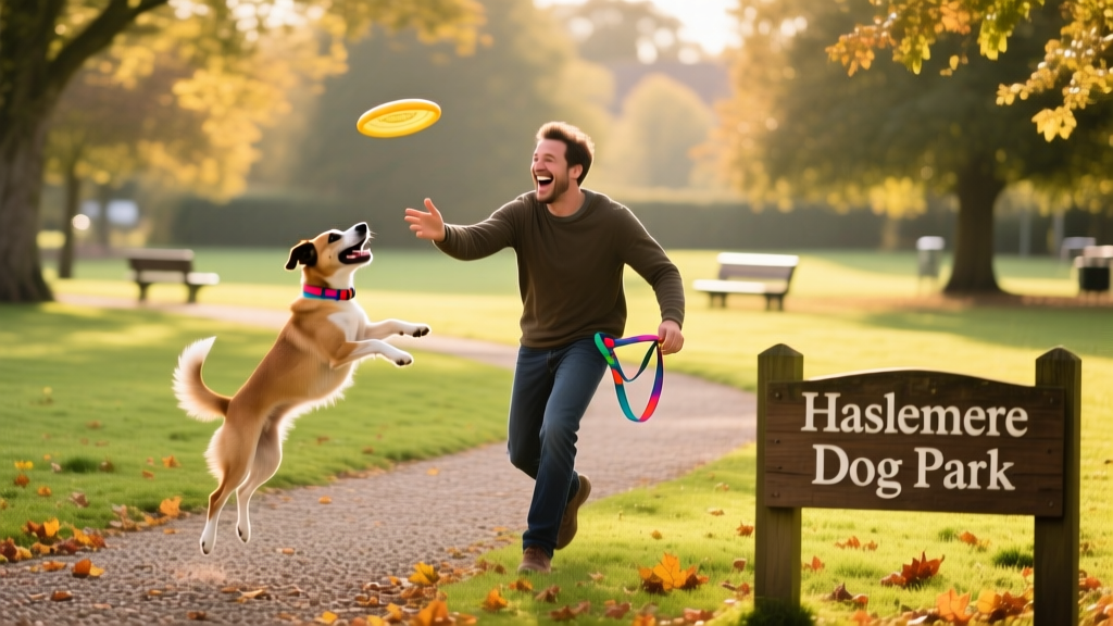 A pet parent and dog playing in a dog-friendly park in Haslemere.