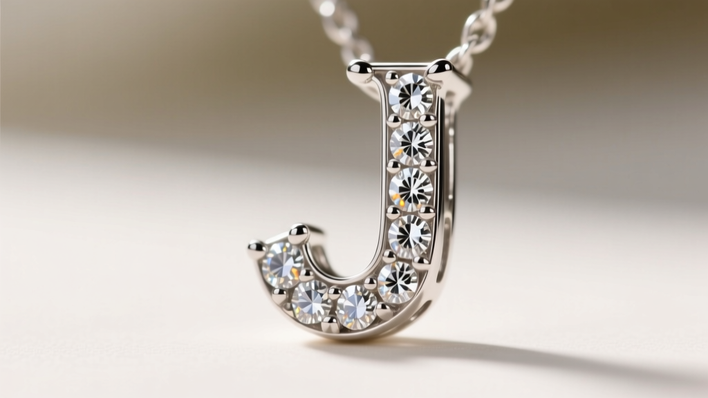 Extreme macro photography of a micro-pave diamond letter J pendant, showing tiny prongs holding round brilliant melee diamonds