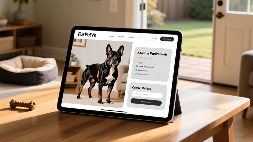 A well-written FurPetVo listing page showing a photo of an American Staffordshire Terrier, adoption requirements, and contact options
