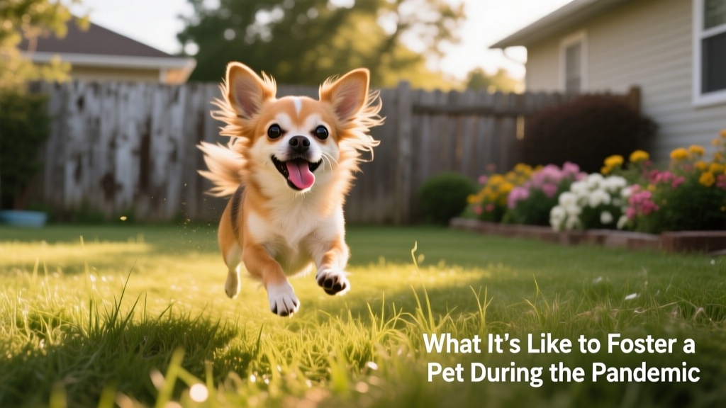 A small, joyful Chihuahua mid-zoomie, running across a grassy backyard with tongue out and ears flapping