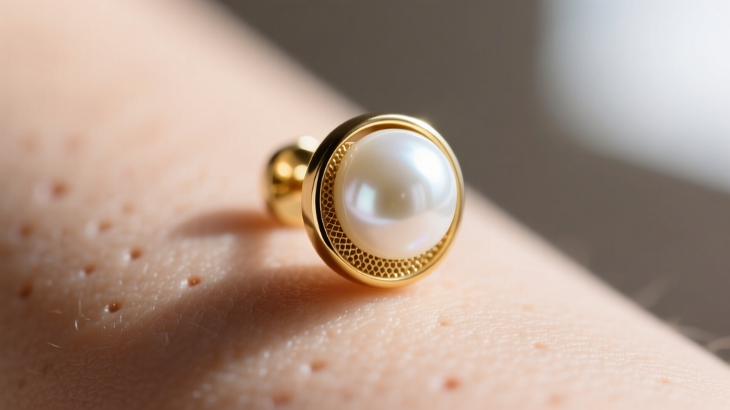 Macro shot of a white pearl stud earring with 14k gold vermeil casing, revealing the micro-speaker mesh against softly lit skin.