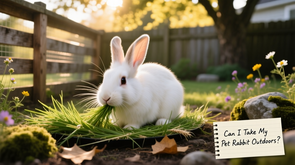Close-up of a rabbit gently chewing on a natural wheatgrass mat inside a shaded outdoor playpen