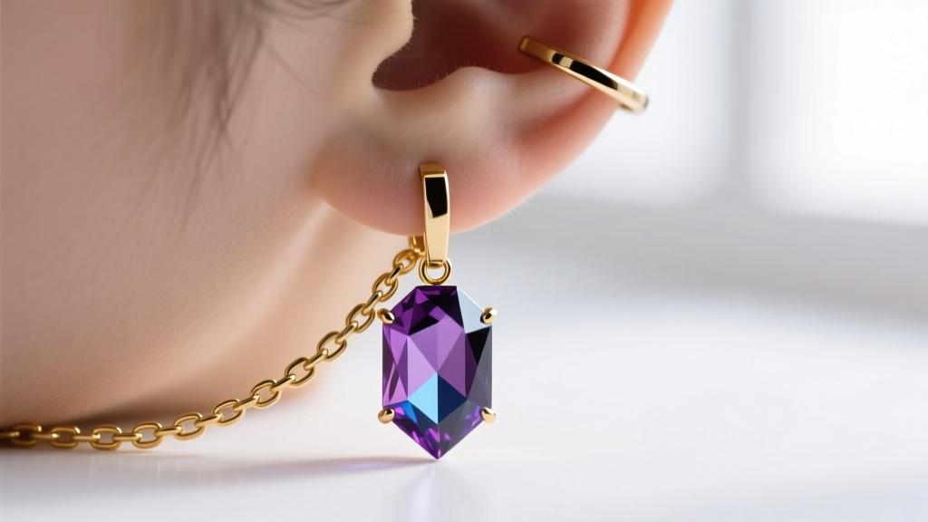 Close-up of a delicate gold chain connecting the bottom of a heavy crystal statement earring to a secure upper cartilage ear cuff.