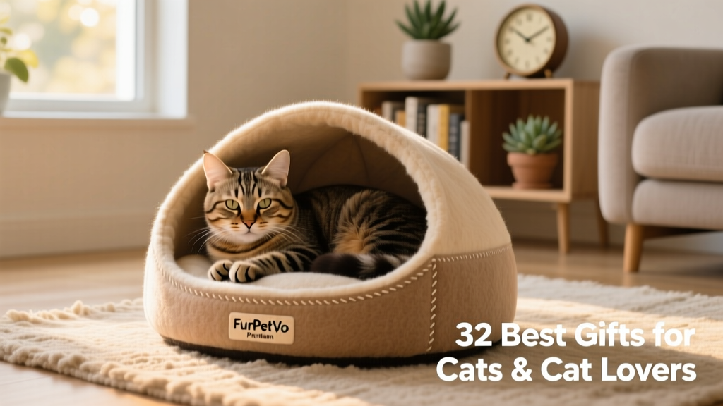 A cat curled up inside the FurPetVo Premium Felt Cat Cave Bed