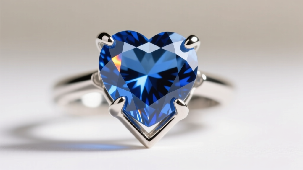 Macro shot of a heart-cut blue gemstone cleft and point, showing a V-prong metal setting protecting the fragile tip of the stone