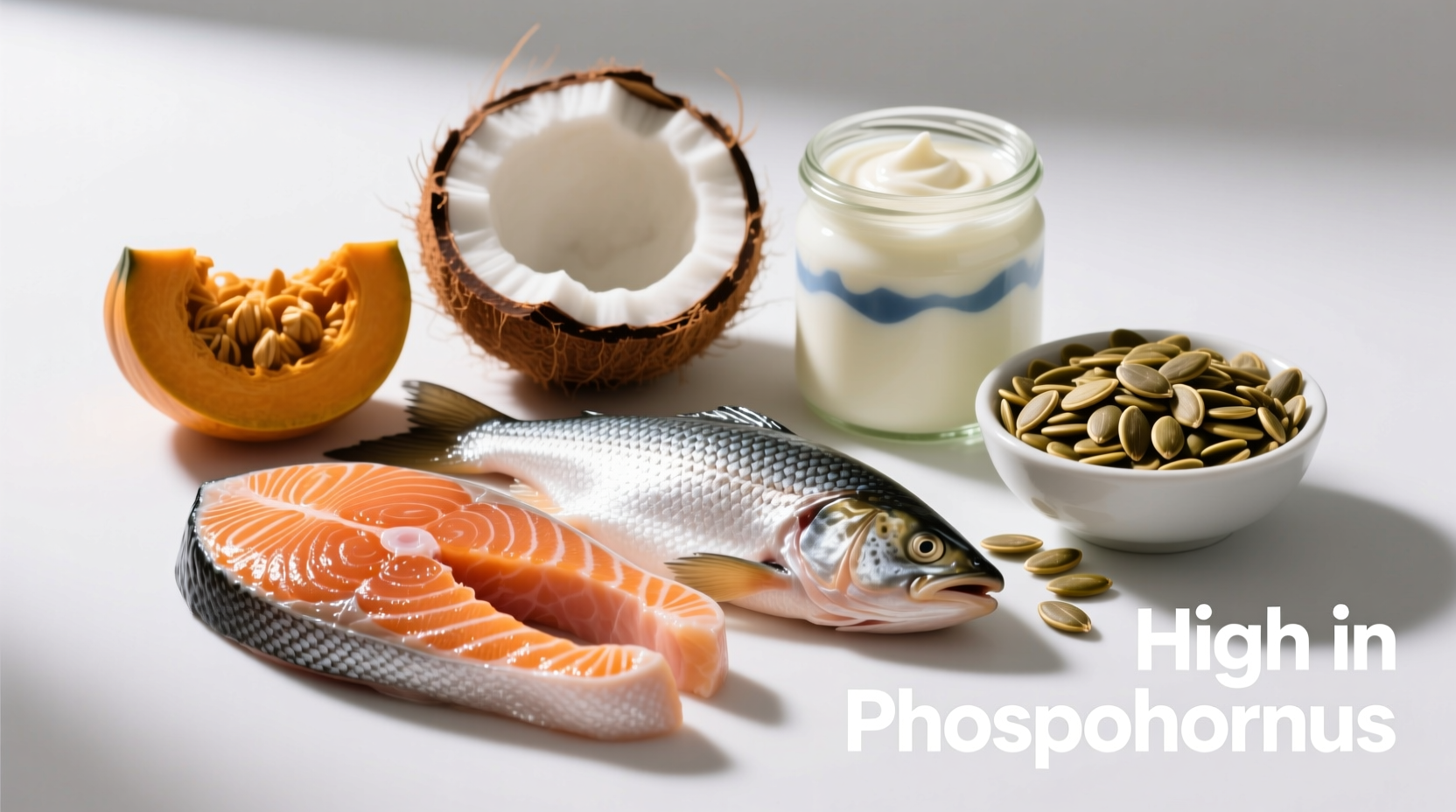 Colorful display of phosphorus-rich foods including salmon, dairy, and seeds