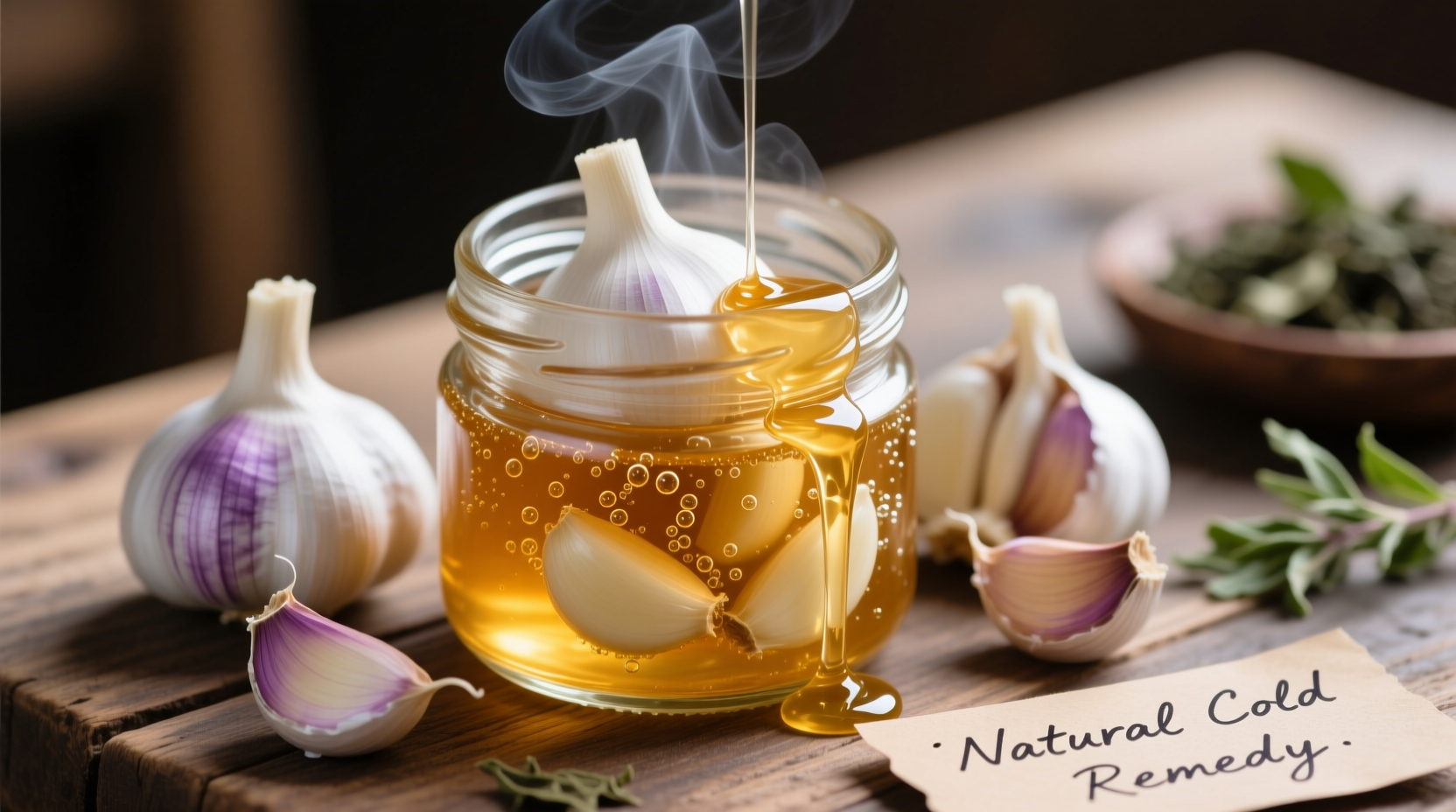 Garlic cloves and honey in a glass jar for cold remedy