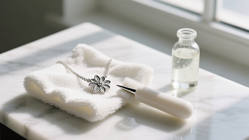 Top-down view of a cleaning kit with microfiber cloth, mild soap, and a sterling silver necklace spike being gently polished.