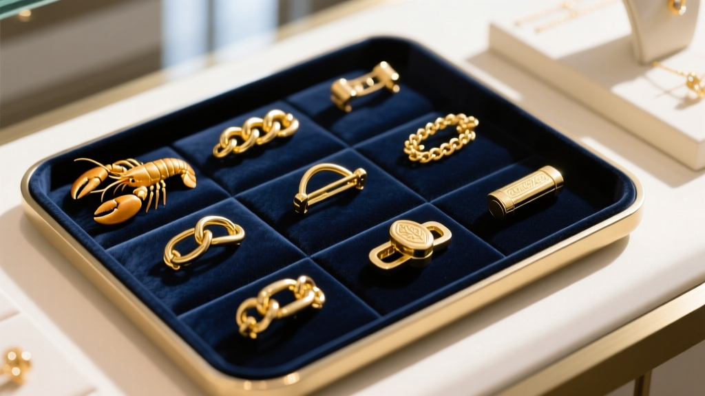 Overhead view of various gold chain clasp types including lobster and spring ring, laid out on a jeweler's felt pad with tweezers.