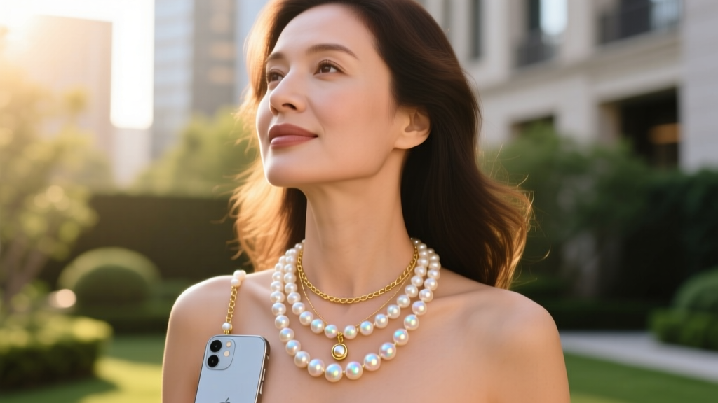 Woman layering a freshwater pearl iPhone necklace holder with a delicate gold pendant chain, outdoor golden hour portrait