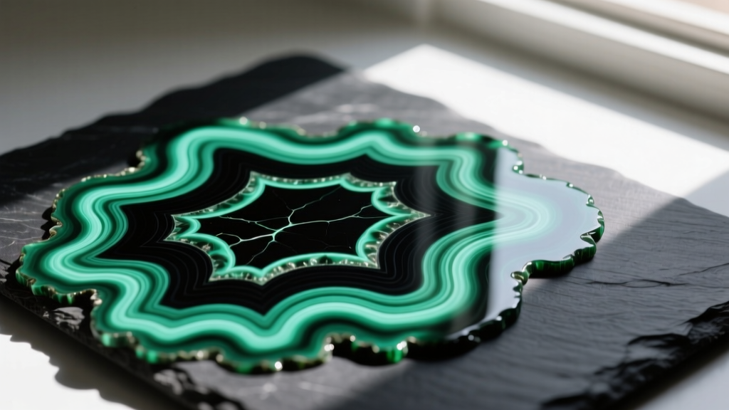 Macro shot comparing black onyx veining with bright green banded malachite Alhambra motifs on a dark slate surface