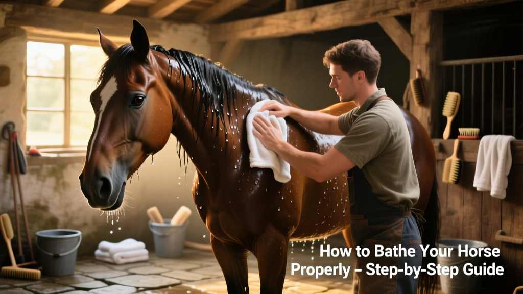 Horse freshly bathed and gleaming, with groomer gently towel-drying the shoulder and neck