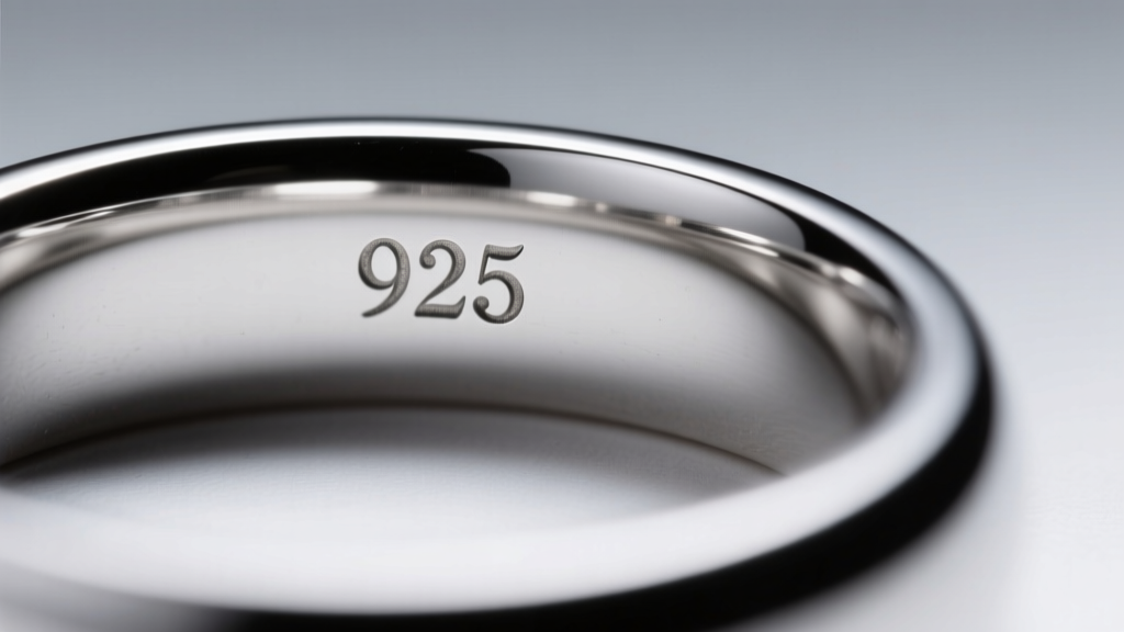 Macro shot of a sterling silver ring inner band revealing a crisp 925 hallmark stamp under soft directional lighting.