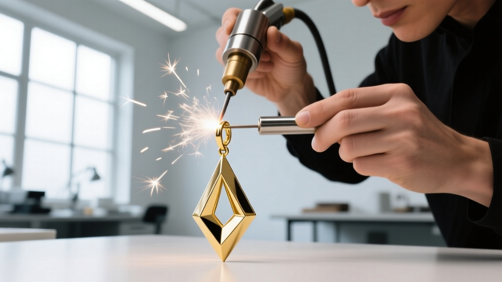 Titanium post being laser-welded onto a vintage 18k gold geometric dangle earring by a jeweler in a bright, modern workshop.