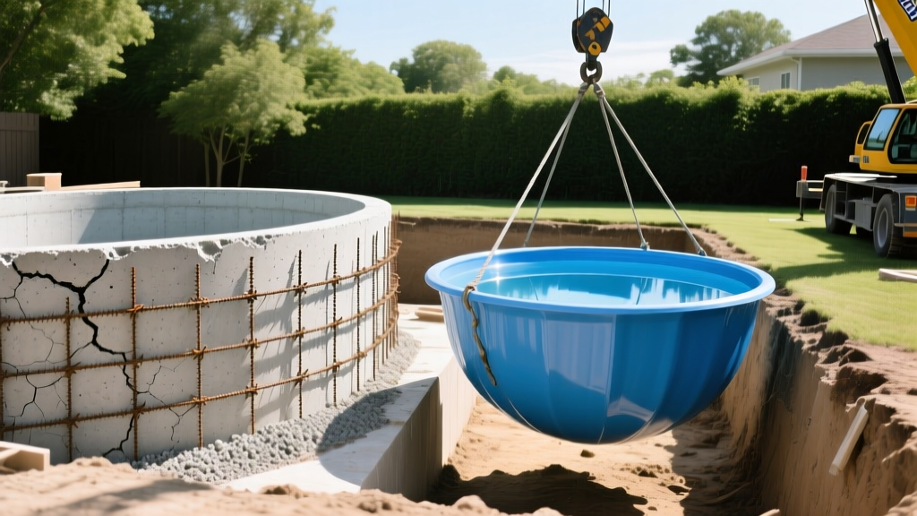 Textured gunite concrete pool shell with exposed rebar beside a smooth blue fiberglass pool shell being lowered into an excavated yard