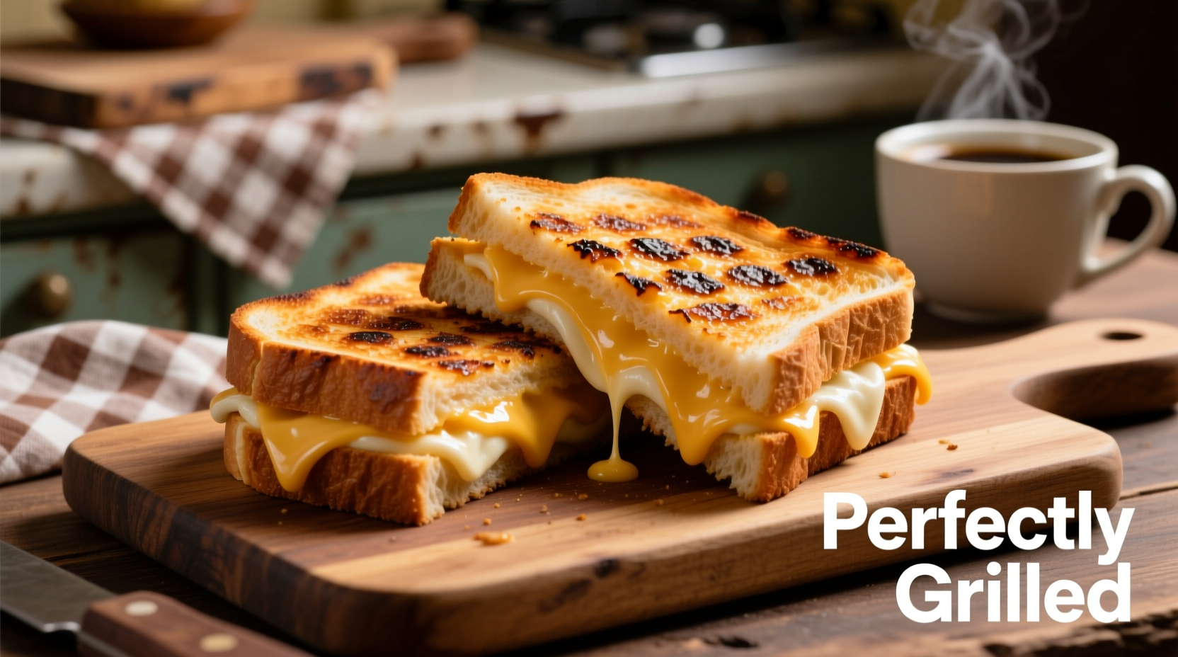 Perfect grilled cheese sandwich with melted cheese oozing