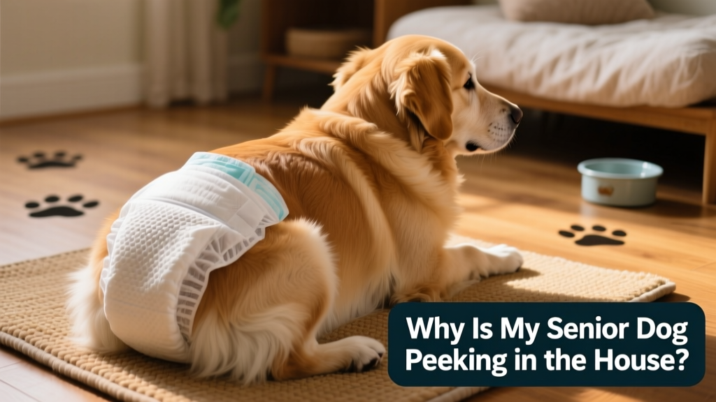 Close-up of a senior dog’s hindquarters showing clean, dry fur and a properly fitted dog diaper