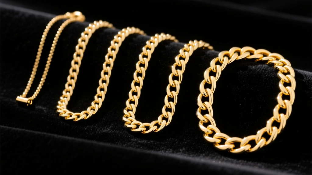 Gold Cuban link chain necklaces laid side-by-side on black velvet, displaying varying widths from a classic 5mm up to a bold 12mm