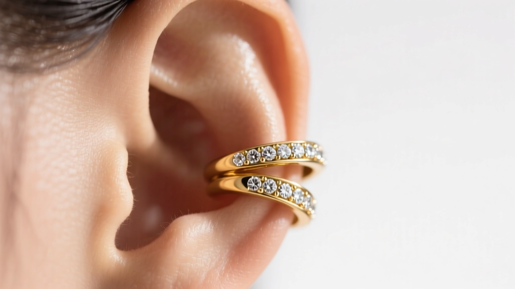 Macro shot of a sculptural 14k gold ear cuff wrapping around upper cartilage, featuring pave diamonds, soft studio lighting on skin.