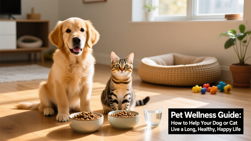 A happy golden retriever puppy and a relaxed tabby kitten sitting side-by-side beside bowls of high-quality kibble and fresh water