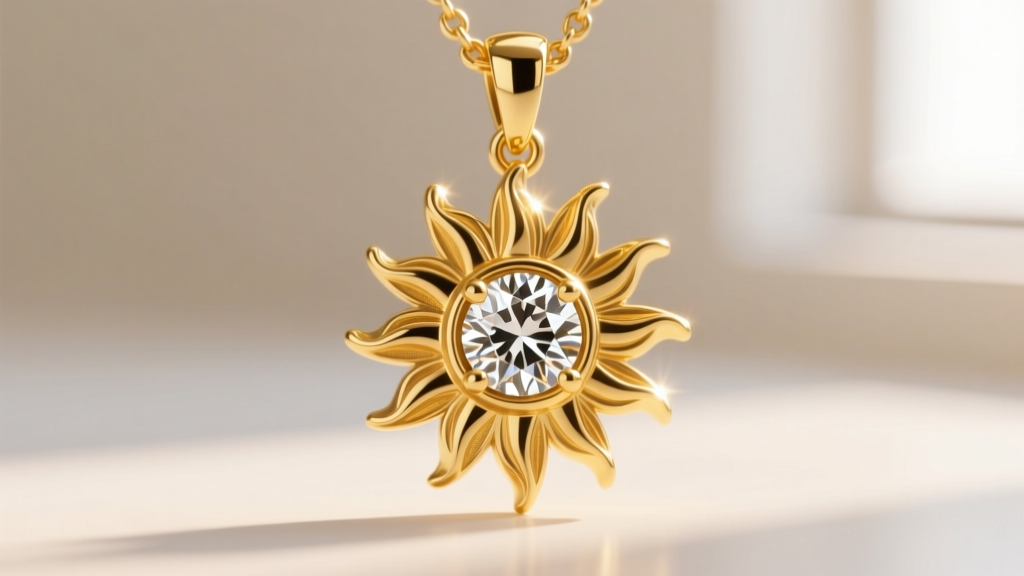 Macro shot of an 18k yellow gold sunshine necklace pendant with intricate die-struck sun rays and a brilliant diamond center.