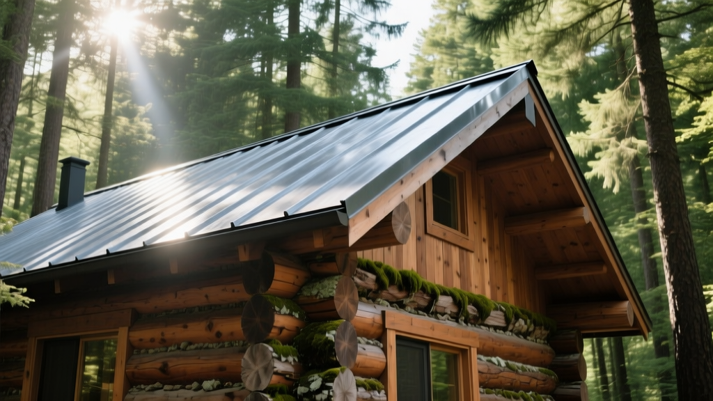 Handcrafted log cabin shell with a metal roof among pine trees, highlighting notched corners and chinking gaps in bright natural daylight.