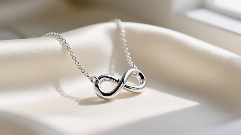 A 1.1mm sterling silver box chain through a rhodium-plated infinity knot pendant, resting on a soft cream silk fabric background.