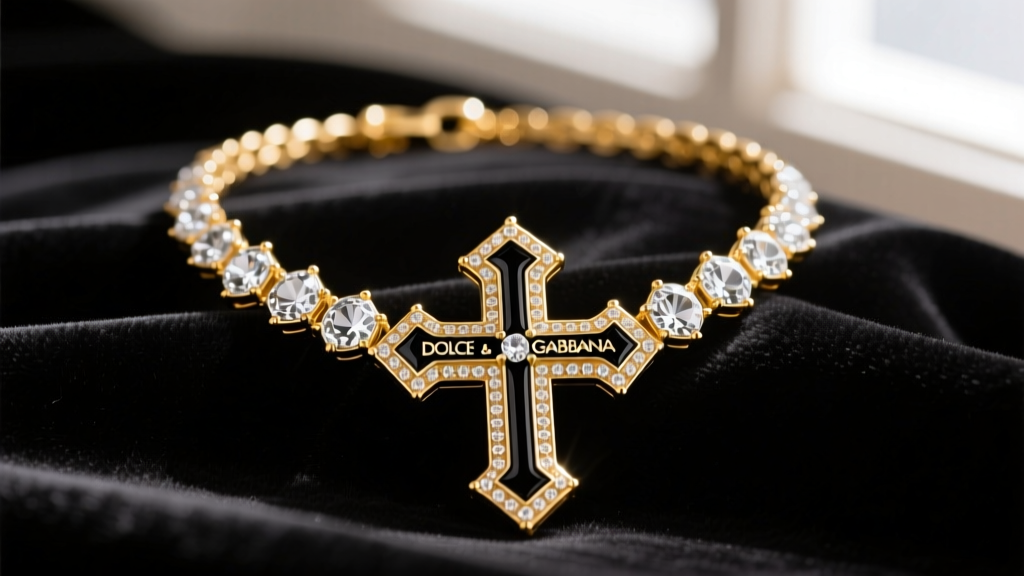 Close-up of a gold-plated Dolce Gabbana cross necklace with black enamel and clear crystals resting on dark velvet fabric.