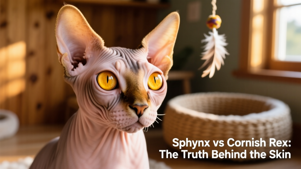 Close-up of a Sphynx cat’s face showing large lemon-shaped eyes, prominent cheekbones, and faint peach-fuzz texture on the skin