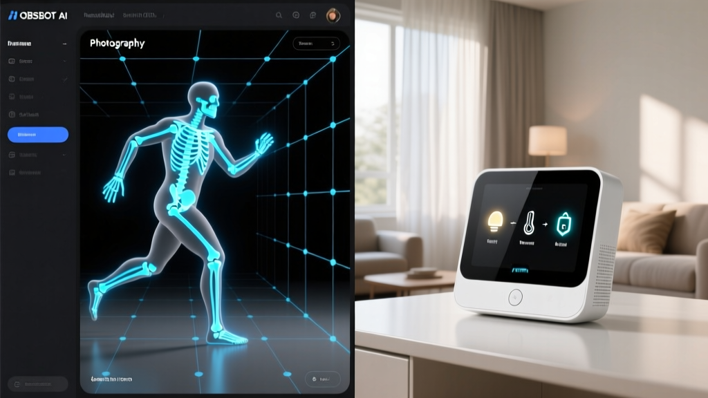 Split-screen showing the OBSBOT AI software interface mapping a skeletal tracking grid next to a physical smart home hub displaying a routine.
