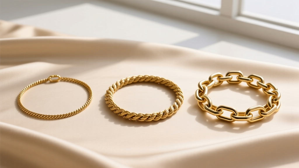 Flat lay of three gold chains: a 1.2mm cable, 2.5mm rope, and 4mm paperclip chain, arranged neatly on beige silk fabric.