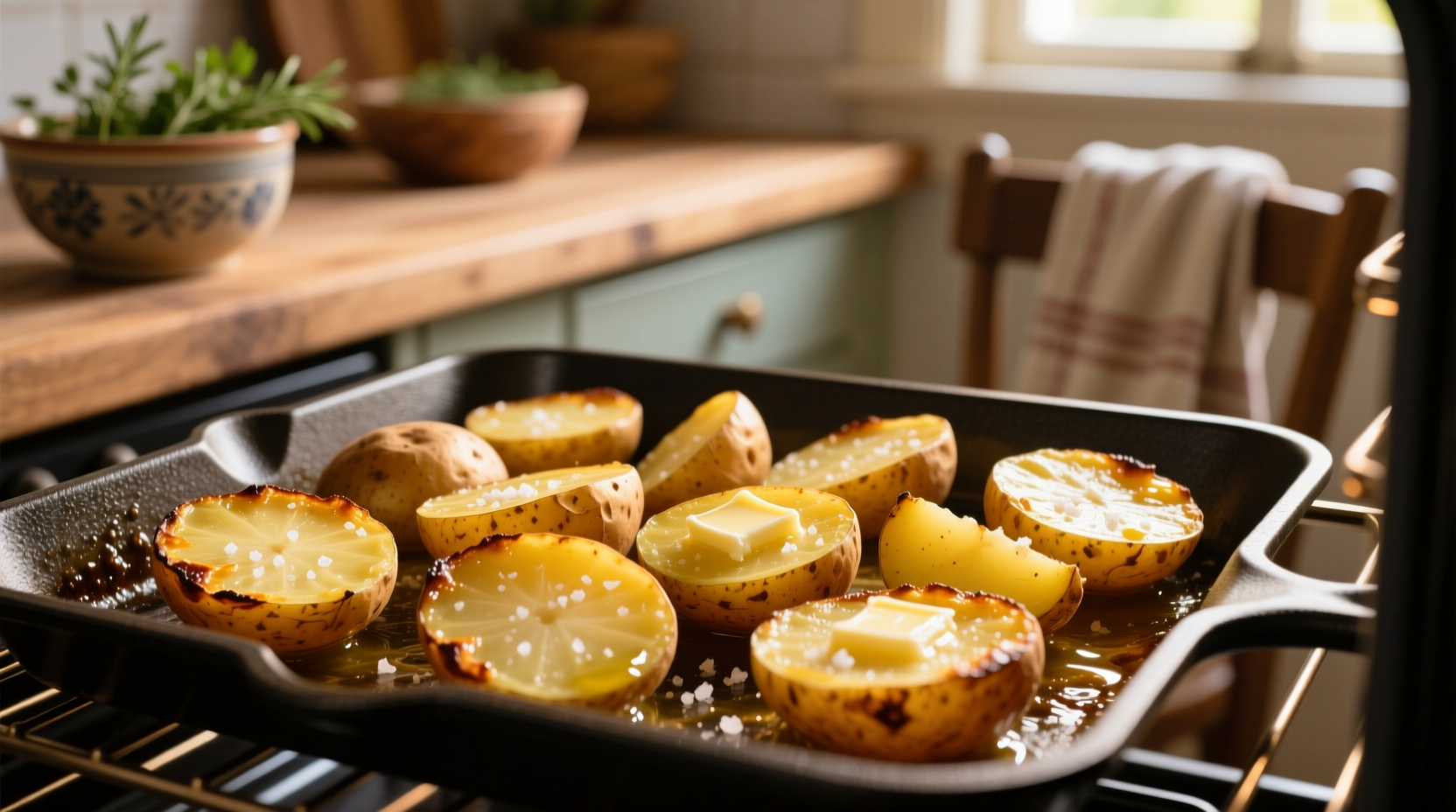 Golden potatoes roasting in oven with crispy edges