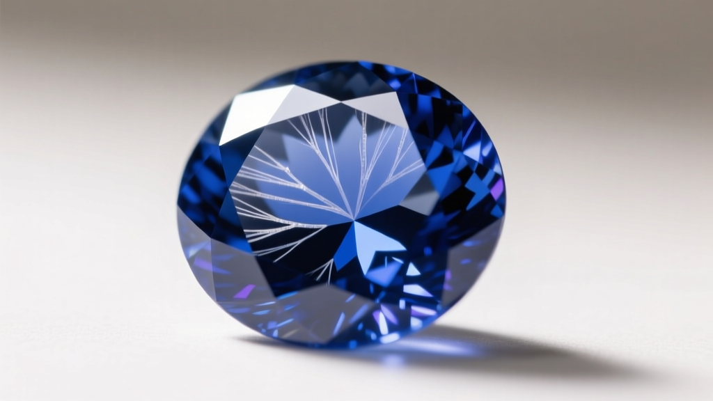 Macro shot of a blue Ceylon sapphire revealing natural rutile silk inclusions under bright directional jeweler's LED lighting.