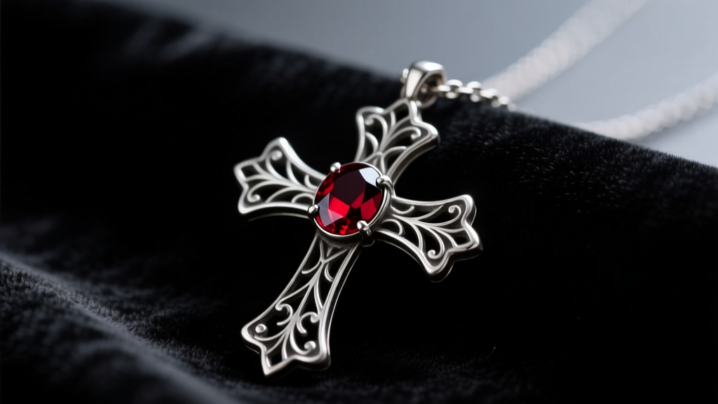 Oxidized silver vampire cross necklace on black velvet, featuring filigree and a garnet cabochon in moody lighting