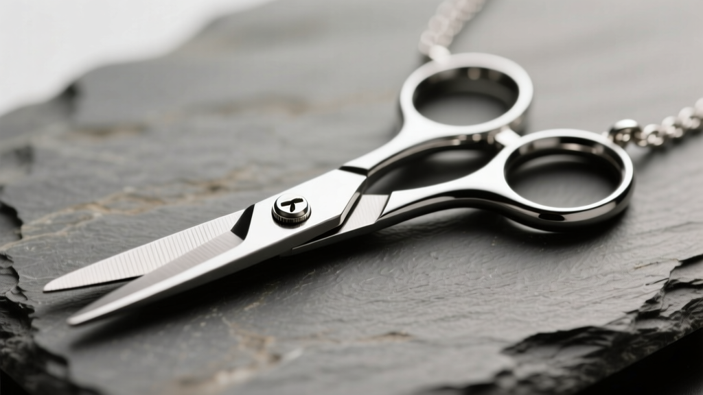Macro shot of a silver scissors necklace on slate, focusing on the pivot screw, hinge, and blade grooves under soft studio light.