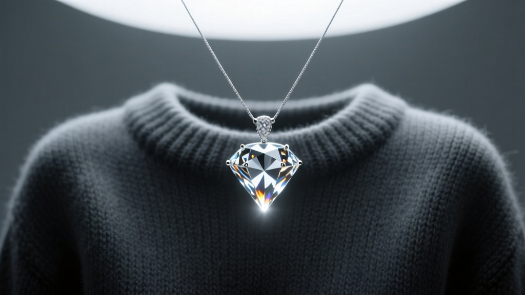 Clear illusion wire holding a fixed diamond pendant against a dark charcoal bedrock-tone wool sweater in soft studio light.