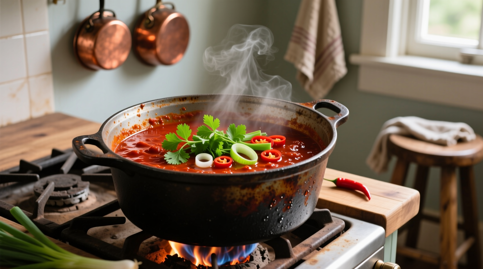 Homemade chili simmering in cast iron pot with fresh garnishes