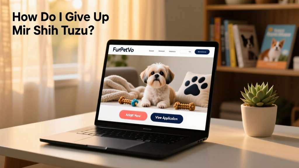 A laptop screen showing the FurPetVo website interface with a Shih Tzu profile page open, highlighting 'Adopt Now' and 'View Application' buttons