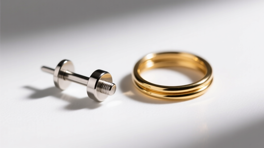 Macro photo of a 16-gauge titanium earring post next to a 20-gauge gold wire, showing thickness differences for earlobe support