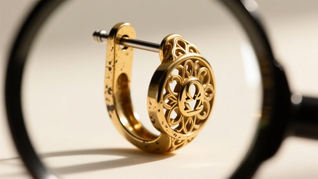 Loupe view of an antique earring clasp showing a modern 18-gauge titanium post conversion attached to a vintage gold omega back