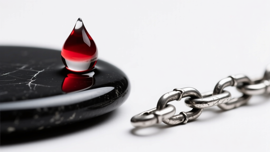 A drop of silver testing acid turning deep red on a black testing stone next to a scratched Italian sterling silver chain link.