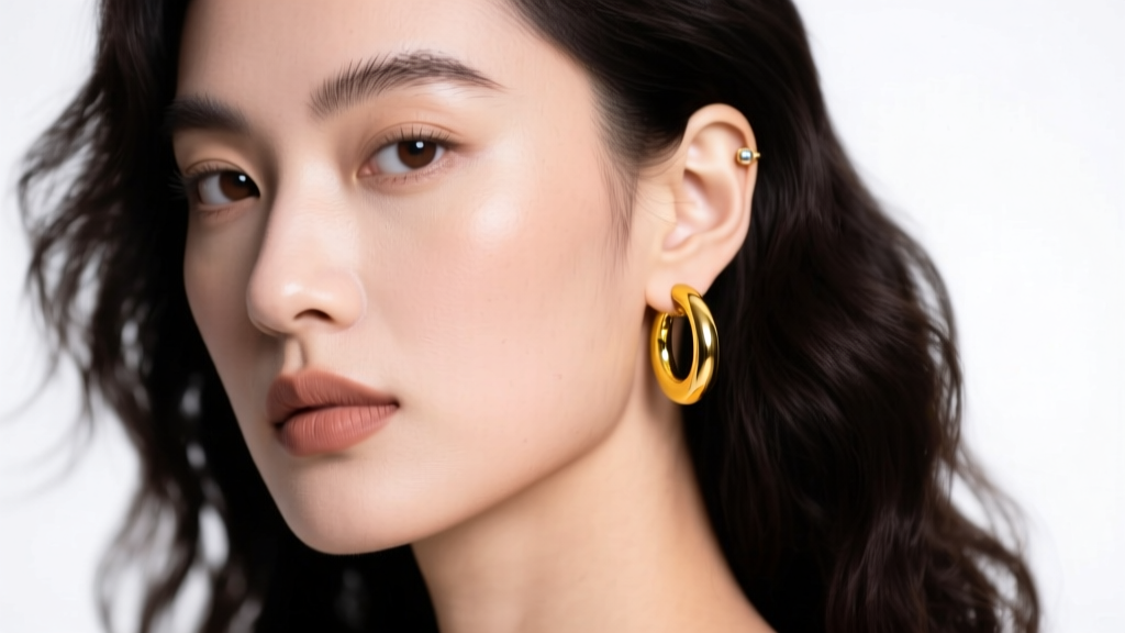 Model wearing an 11mm 14k yellow gold huggie hoop in a standard lobe piercing, highlighting the earring drop and metal thickness.