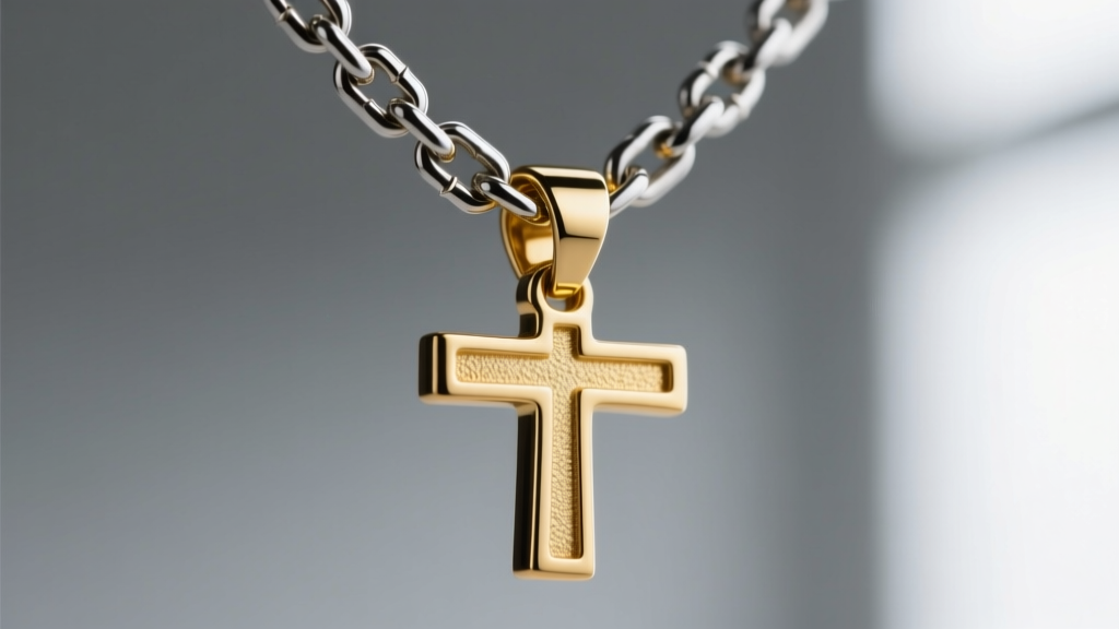 Macro shot of a 3mm steel box chain threading through a wide gold-filled bail of an inverted cross necklace, showing clearance.