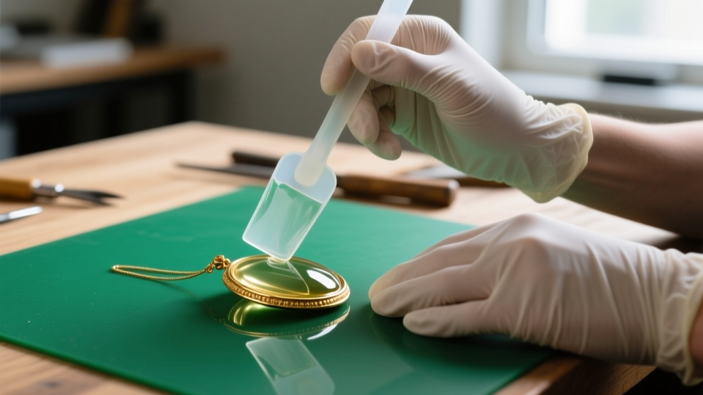 Hands in nitrile gloves using a spatula to apply clear epoxy to the rim of a gold memorial urn pendant on a green work mat.