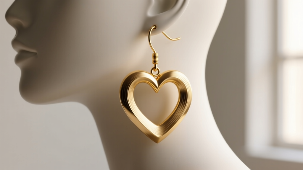 Large 14k gold hollow heart drop earrings on a mannequin, highlighting a matte brushed finish and a thick 18-gauge fishhook wire.