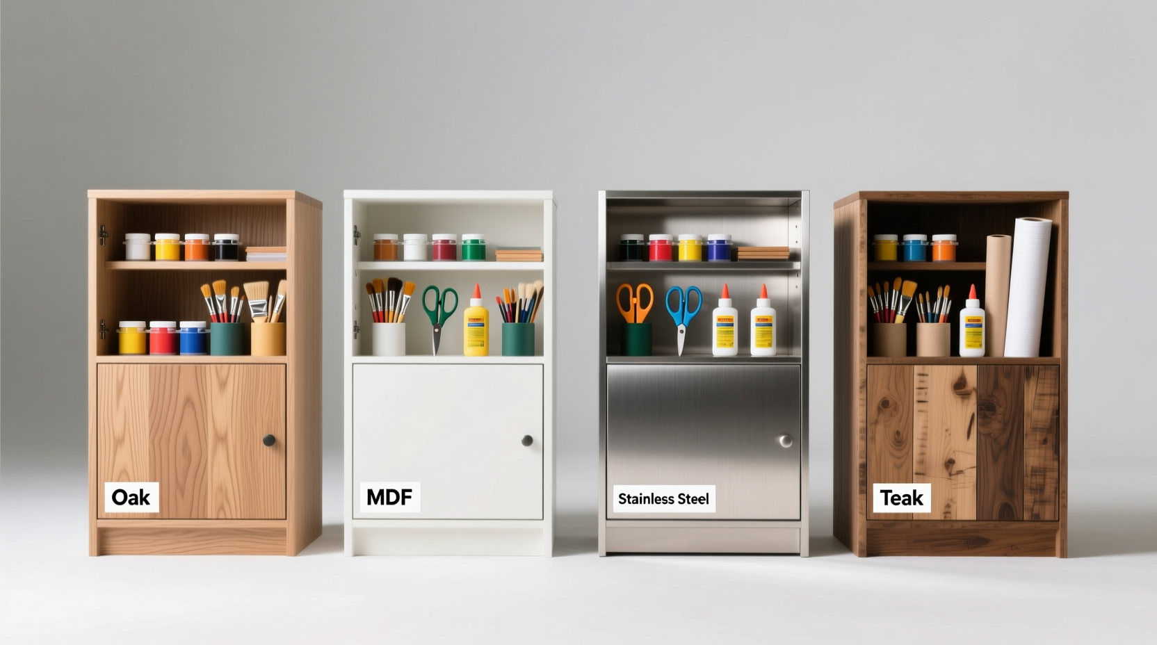 Comparison of different crafting cabinet materials with craft supplies